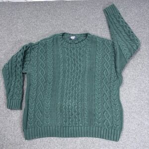 Lands End Drifter Cable Knit Sweater Mens L Green Fisherman Cotton Classic